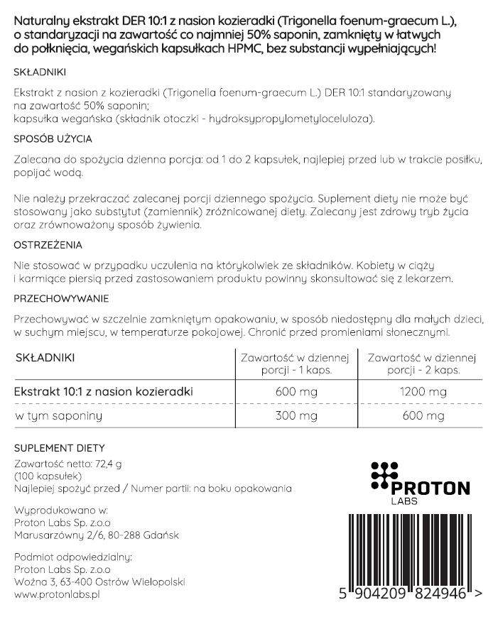 KOZIERADKA 600 mg ekstrakt DER 10:1 FENUGREEK 50% saponin 100 kaps