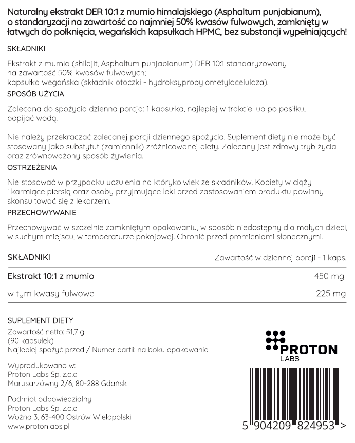 MUMIO 450 mg Shilajit Ekstrakt DER 10:1 (50% kwasów fulwowych) 90 kapsułek