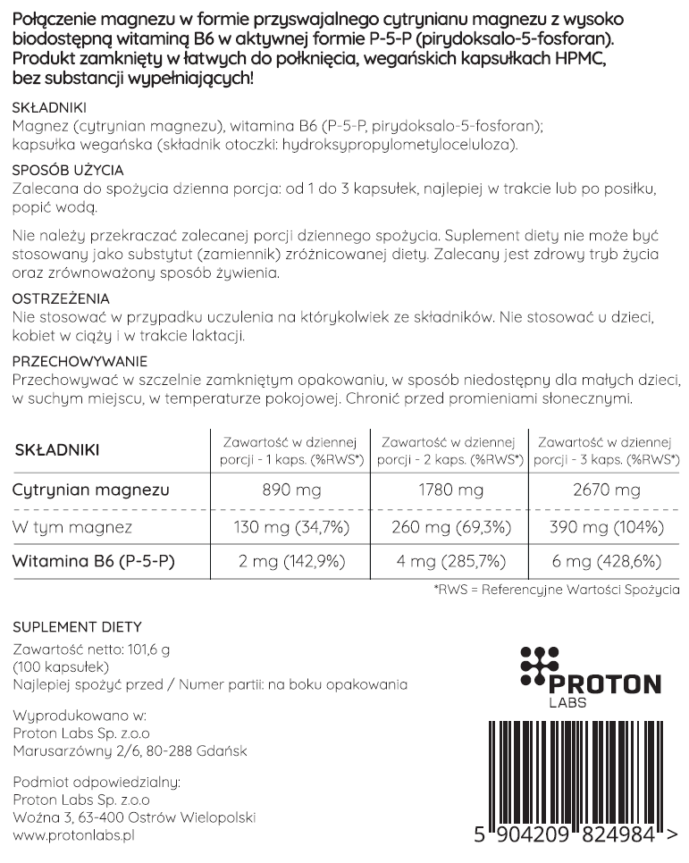 Magnez (cytrynian) + wit. B6 (P5P) 100 kapsułek