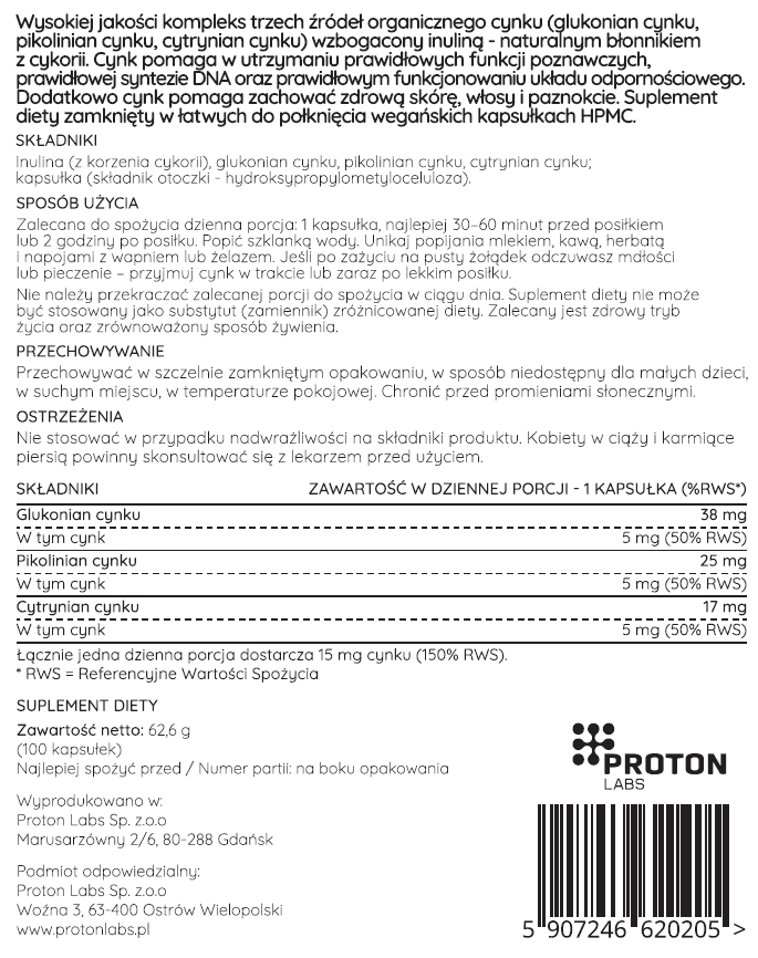Cynk TRIO (glukonian, pikolinian, cytrynian) 15 mg 100 kapsułek
