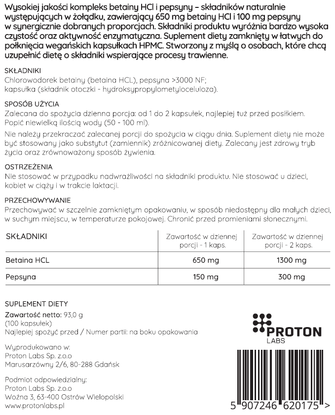 Betaina HCL + Pepsyna 800 mg 100 kapsułek