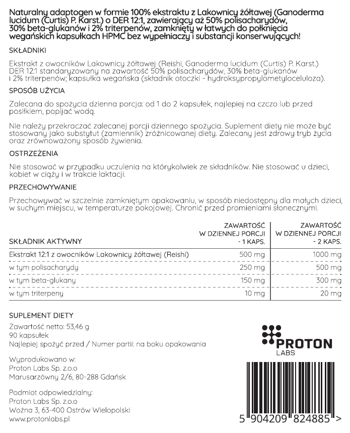 REISHI ekstrakt DER 12:1 (50% polisacharydów, 30% beta-glukanów, 2% triterpenów) 90 kapsułek 500 mg