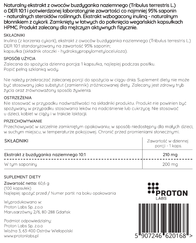 Buzdyganek naziemny 210 mg (Tribulus terrestris) 10:1, 95% saponin 100 kapsułek