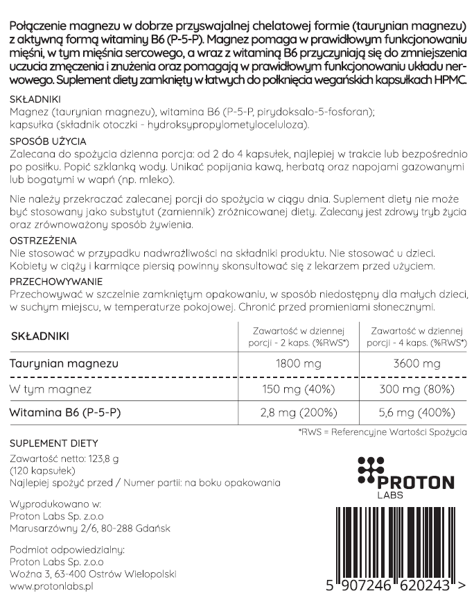 Magnez (taurynian magnezu) + wit. B6 (P5P) 120 kapsułek