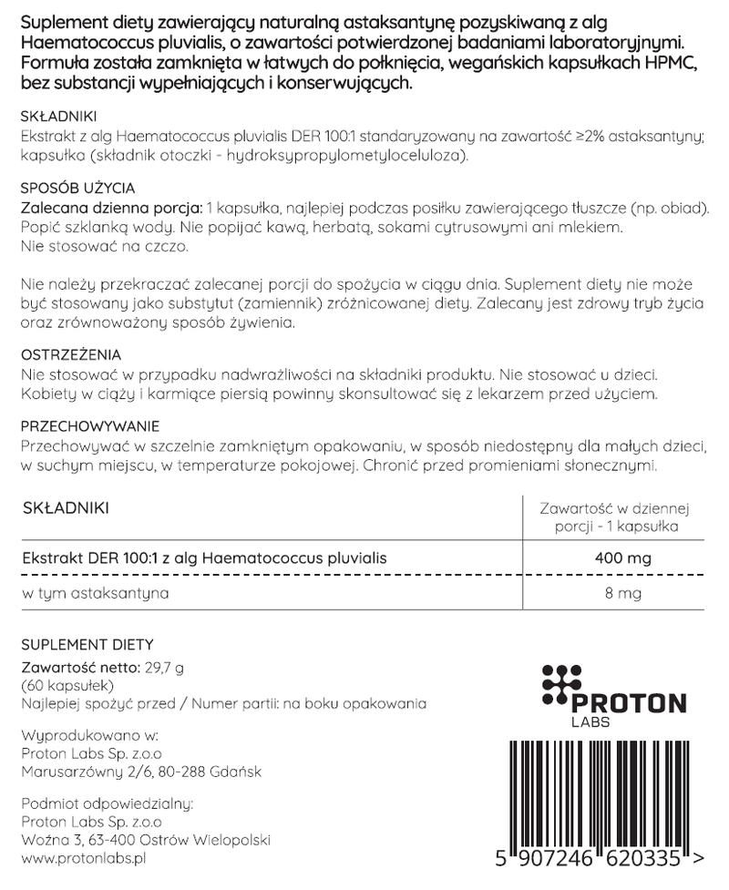 Astaksantyna 8 mg z alg 100% naturalna - 60 kapsułek
