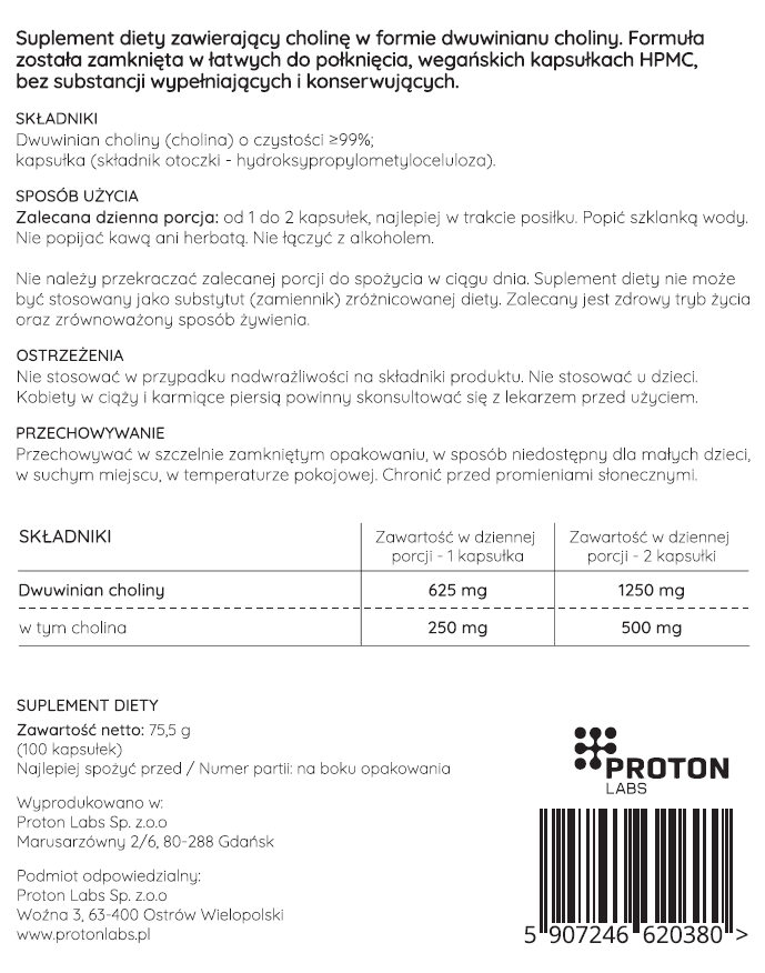 Cholina 500 mg (dwuwinian choliny) - 100 kapsułek