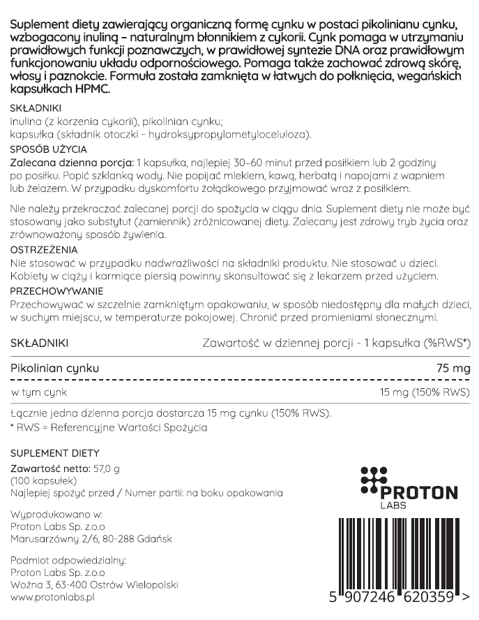 Cynk organiczny (pikolinian cynku) 15 mg - 100 kapsułek