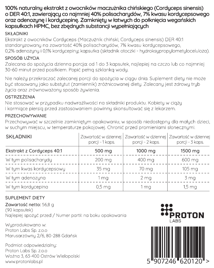 Cordyceps sinensis (Maczużnik chiński) DER 40:1 90 kapsułek 500 mg