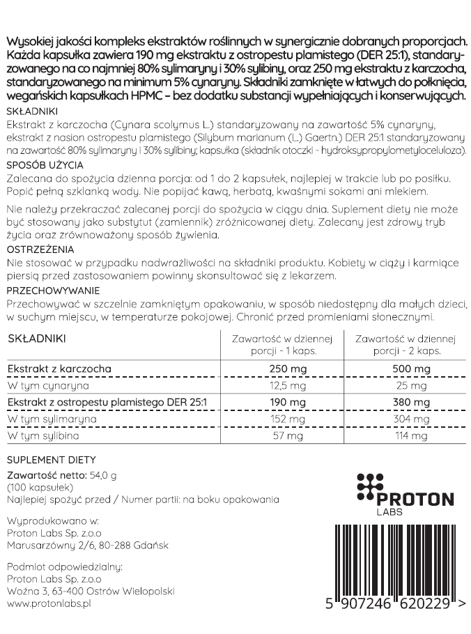 Ostropest plamisty 25:1 + karczoch 440 mg (sylimaryna 80%) 100 kapsułek